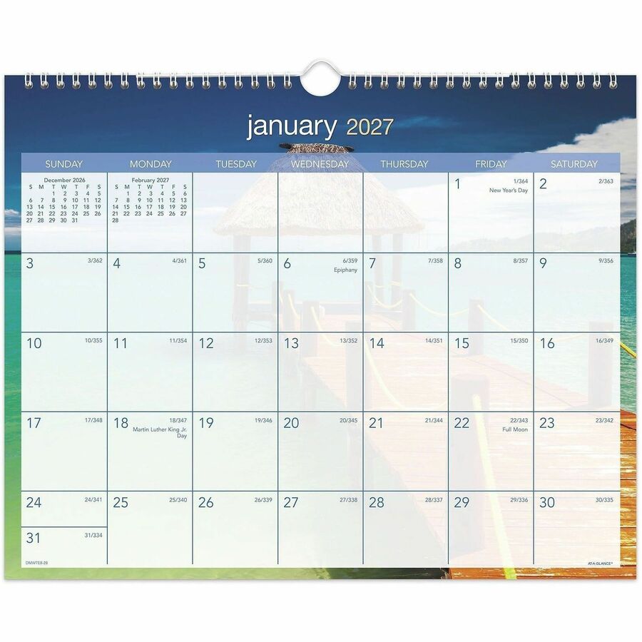 At-A-Glance Tropical Escape Wall Calendar - Medium - Julian Dates - Monthly - 12 Month - January 2027 to December 2027 - 1 Week, 1 Month Single Page Layout - 15" x 12" Sheet Size - White Sheet - 2" x 1" Block - Wire Bound - Blue - Chipboard, Paper - 1...