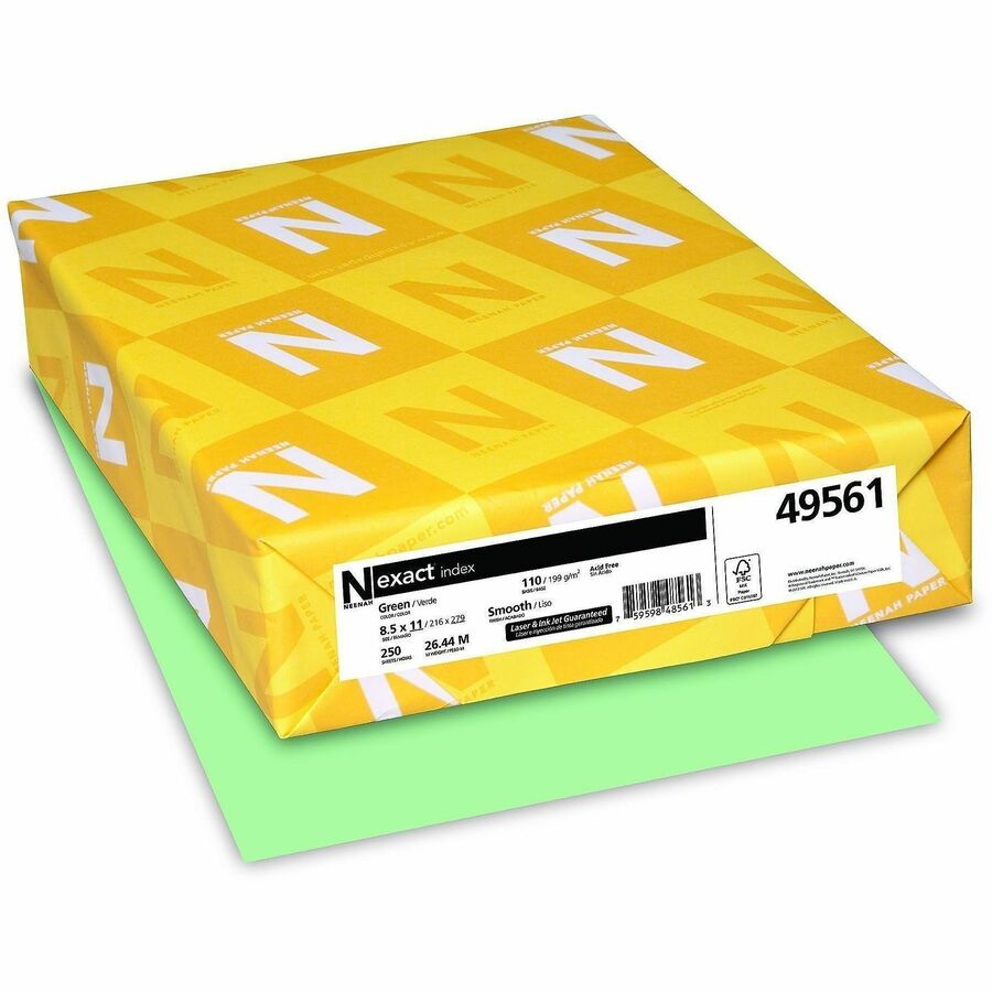 Exact Heavyweight Index Paper - Green - 94 Brightness - Letter - 8 1/2" x 11" - 110 lb Basis Weight - Smooth - Durable, Heavyweight, Acid-free - Green - 250 / Pack