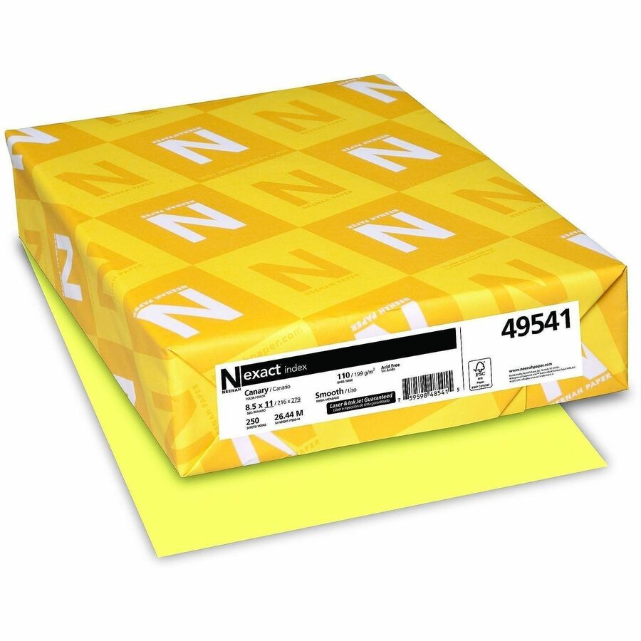 Exact Heavyweight Index Paper - Canary - 94 Brightness - Letter - 8 1/2" x 11" - 110 lb Basis Weight - Smooth - Heavyweight, Printable, Durable, Acid-free - Canary - 250 / Pack