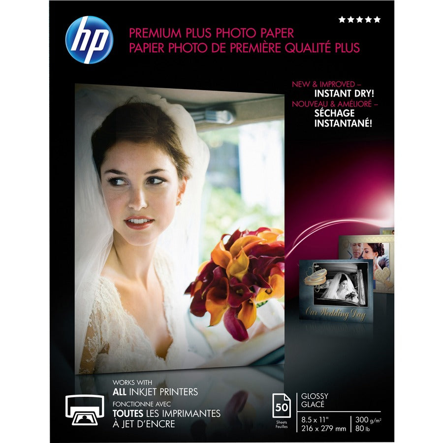 HP Premium Plus 11.5 mil Photo Paper - Letter - 8 1/2" x 11" - 80 lb Basis Weight - Glossy - Smudge Proof, Water Resistant, Quick Drying, Fade Resistant - White - 50 / Pack