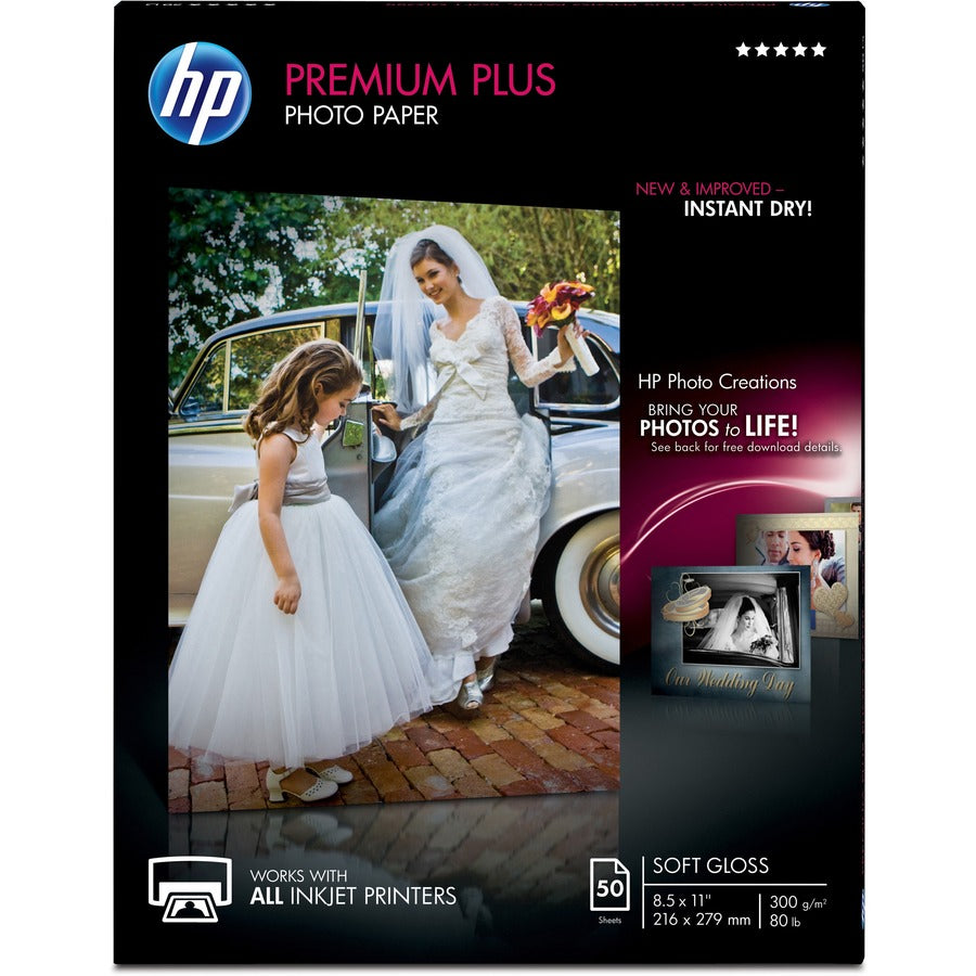 HP Premium Plus Soft Gloss Photo Paper - Letter - 8 1/2" x 11" - 80 lb Basis Weight - Soft Gloss - Smudge Proof, Water Resistant, Quick Drying, Fade Resistant - White - 1 Pack