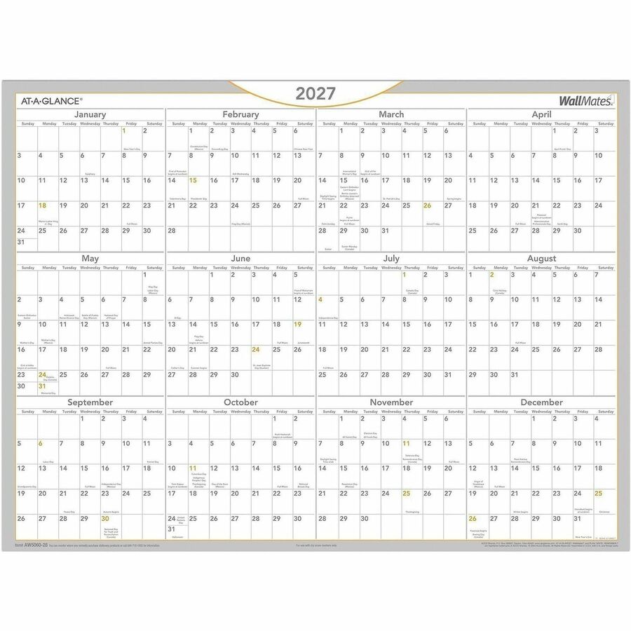 At-A-Glance WallMates Self-Adhesive Dry-Erase Calendar - Large - Yearly - 12 Month - January 2027 to December 2027 - 18" x 24" Sheet Size - White Sheet - White - Laminate - 1 Each