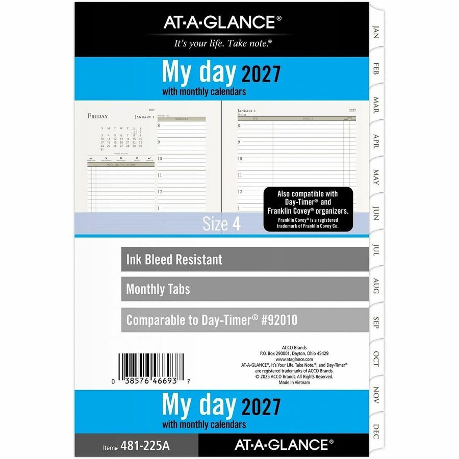 At-A-Glance Daily Monthly Planner Two Page Per Day Refill, Loose-Leaf, Desk Size - Daily, Monthly - 12 Month - January 2027 to December 2027 - 8:00 AM to 7:00 PM, Hourly - 1 Day Double Page Layout - 5 1/2" x 8 1/2" Sheet Size - White Sheet - 7-ring - D...