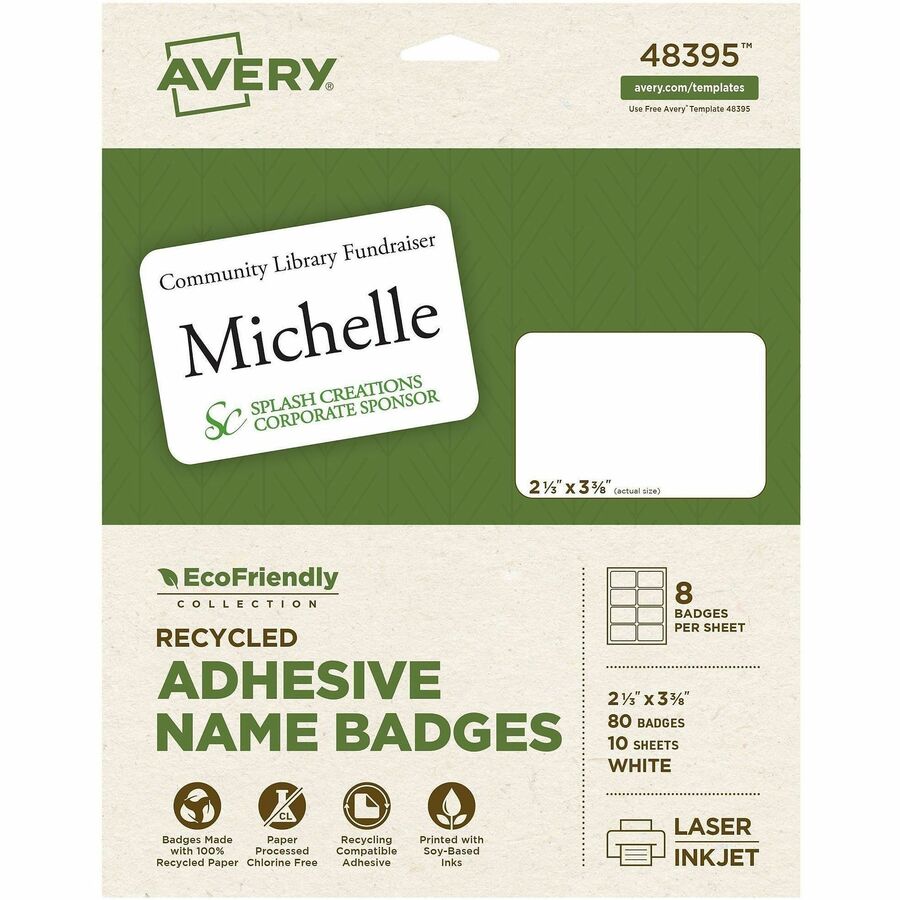 Avery®, Eco-friendly Premium Name Badge Labels - 2 21/64" Width x 3 3/8" Length - Removable Adhesive - Rectangle - Inkjet, Laser - Matte White - Matte - Paper - 8 / Sheet - 8 Total Sheets - 80 Total Label(s) - 80 / Pack