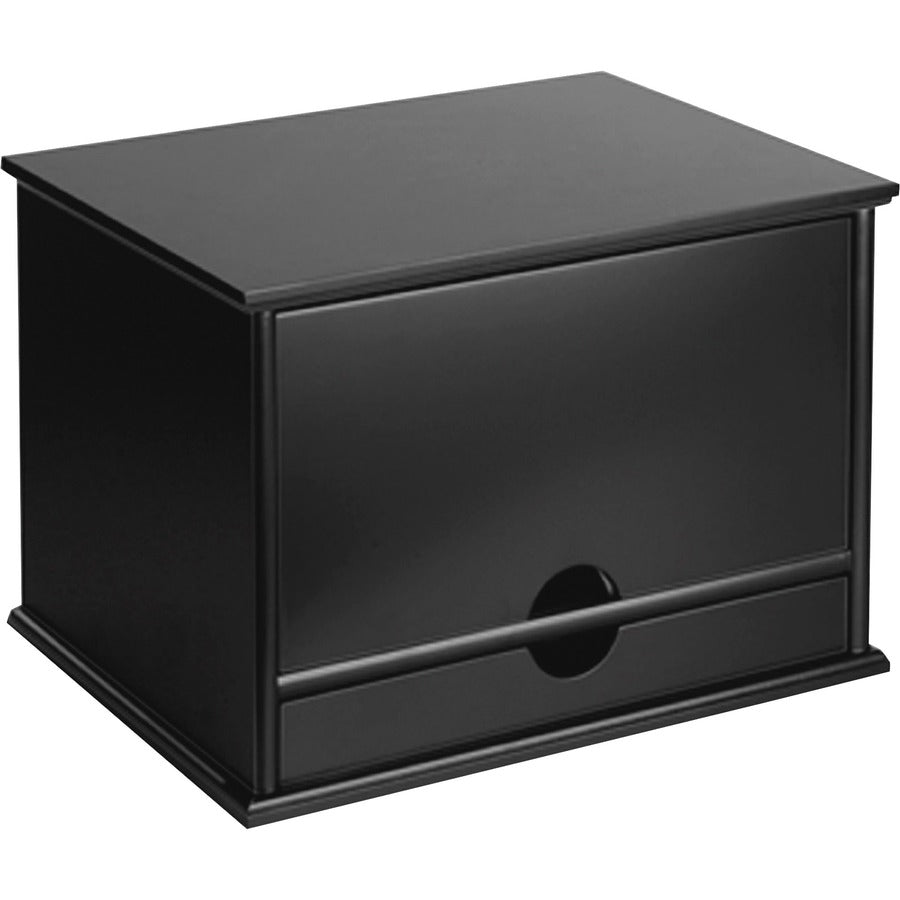 Victor Midnight Black Collection Wood Desktop Organizer - 4 Compartment(s) - 1 Drawer(s) - 14" Height x 10.75" Width x 9.75" Depth - Desktop - Non-slip, Stackable, Molding Base - Matte Black - Black - Wood, Rubber, Faux Leather - 1 Each