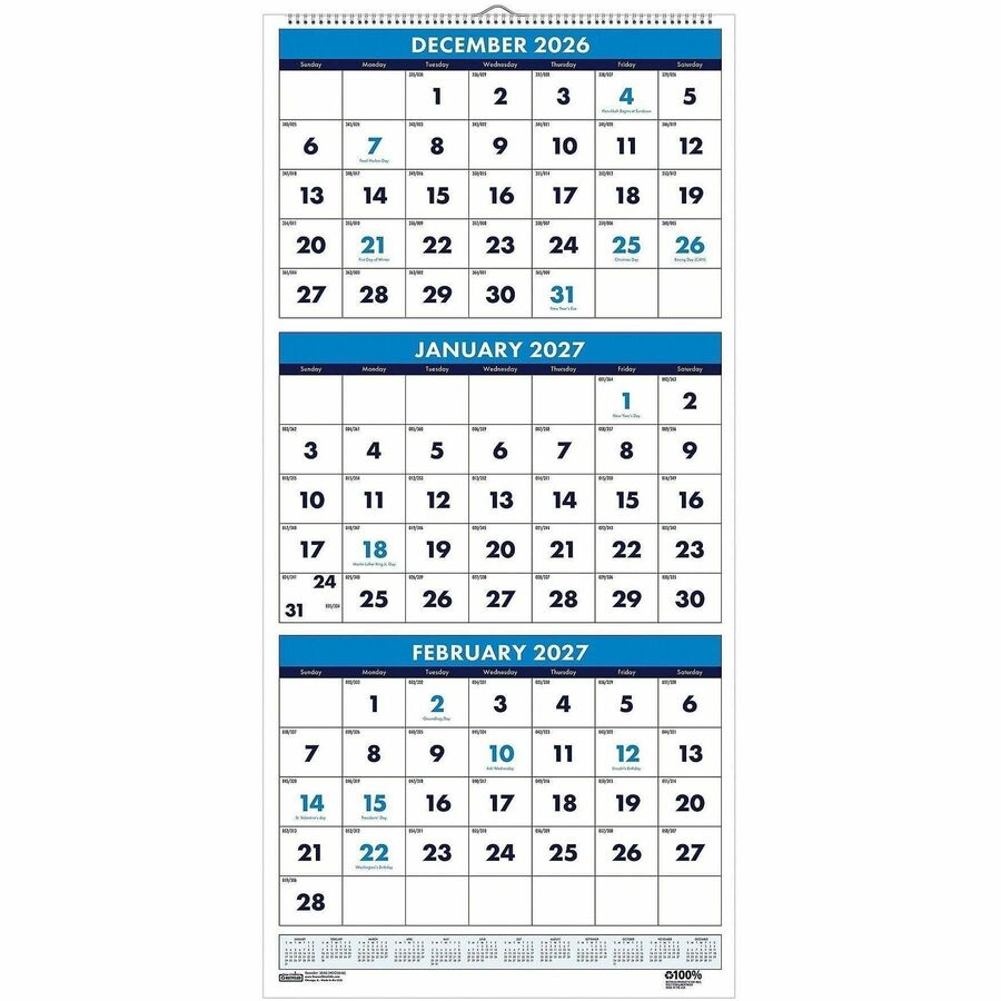 House of Doolittle 3-month Vertical 17" Wall Calendar - Julian Dates - Monthly - 14 Month - December 2026 to January 2028 - 3 Month Single Page Layout - 8" x 17" Sheet Size - 1" x 1.06" Block - Wire Bound - Blue, Green - Paper - 1 Each