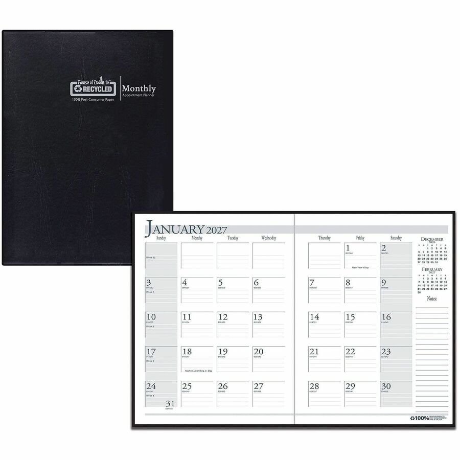 House of Doolittle Compact Economy Monthly Planner - Julian Dates - Monthly - 14 Month - December 2026 to January 2028 - 1 Month Double Page Layout - 10" x 7" Block - Sewn - Black - Leatherette - Black Cover - 1 Each