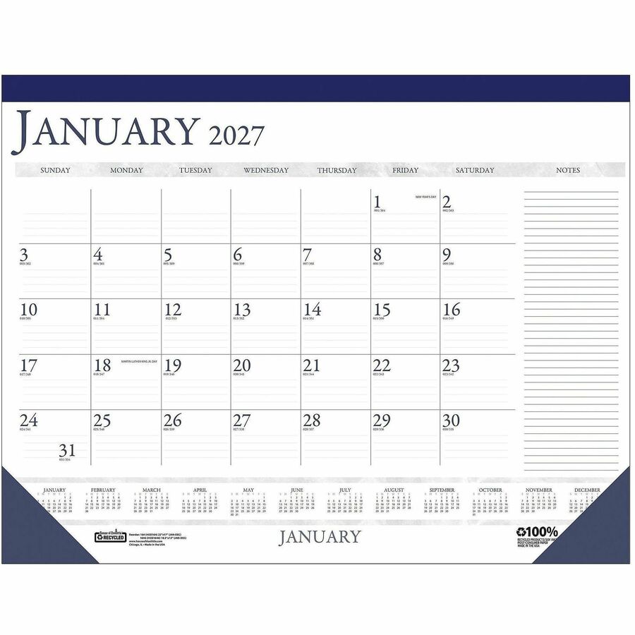 House of Doolittle Small Blocks 12-Month Desk Pad - Julian Dates - Monthly - 12 Month - January 2027 to December 2027 - 1 Month Single Page Layout - 18 1/2" x 13" Sheet Size - 1.50" x 1.88" Block - Desk Pad - Blue, Gray - Paper, Chipboard - 13" Height...