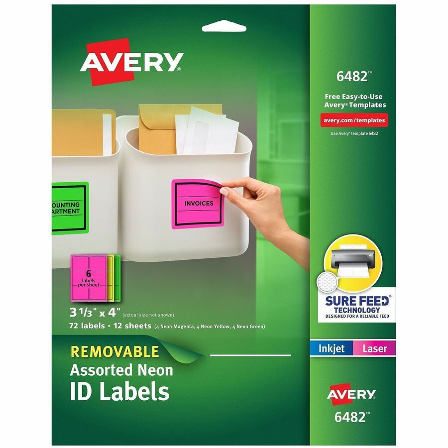 Avery®, Multipurpose Label - x 3 21/64" Width x 4" Length - Removable Adhesive - Rectangle - Inkjet, Laser - Matte - Neon Green, Neon Magenta, Neon Yellow - Paper - 6 / Sheet - 12 Total Sheets - 72 Total Label(s) - For Label Printer - 72 / Pack