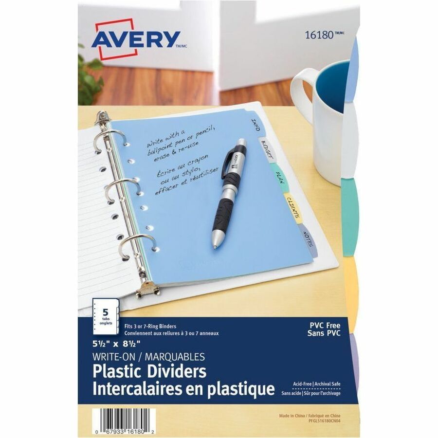 Avery Durable Plastic Write-On Dividers - 5 x Divider(s) - 5 Write-on Tab(s) - 5 - 5 Tab(s)/Set - 5.5" Divider Width x 8.50" Divider Length - 7 Hole Punched - Multicolor Plastic Divider - Multicolor Plastic Tab(s) - Durable, Hole-punched, PVC-free Set...