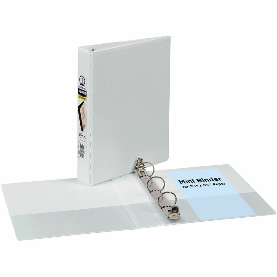 Avery Durable View Binder - 1" Binder Capacity - Half-letter - 5 1/2" x 8 1/2" Sheet Size - 175 Sheet Capacity - 175 x 1" Ring - Fastener: Round Ring - Pocket: 2, Internal - Polypropylene - White - Heavy Duty, Label Holder, Gap-free Ring, Durable, Pock...