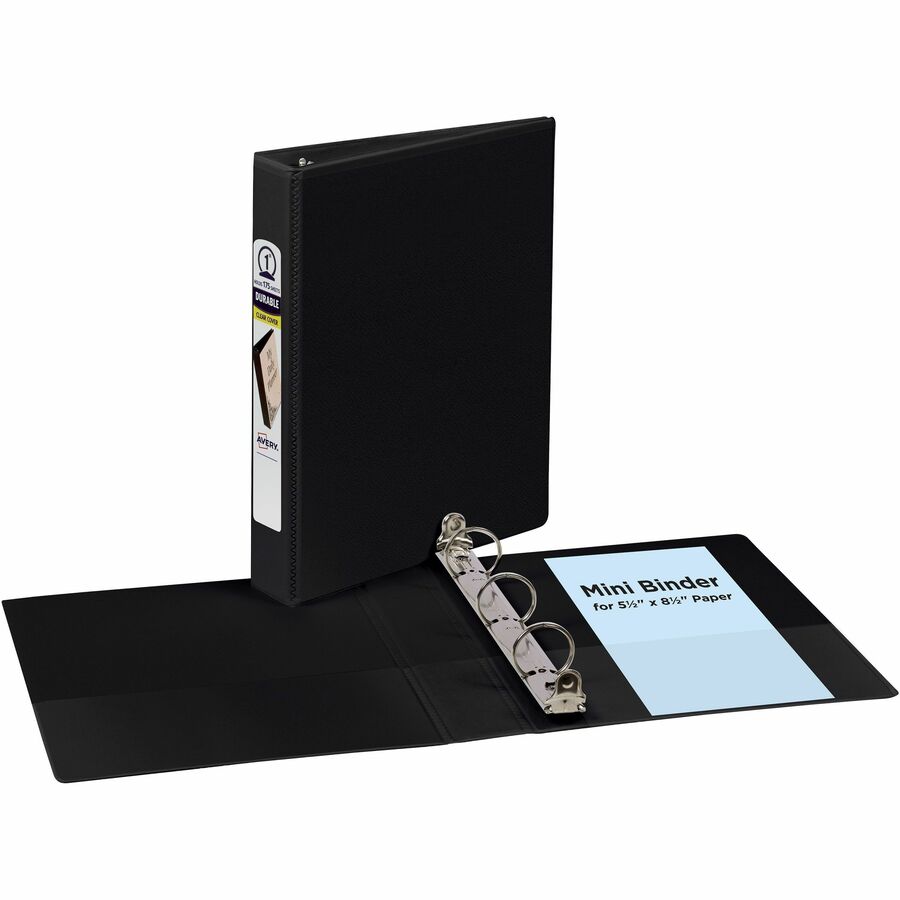 Avery Durable View Binder - 1" Binder Capacity - Half-letter - 5 1/2" x 8 1/2" Sheet Size - 175 Sheet Capacity - 175 x 1" Ring - Fastener: Round Ring - Pocket: 2, Internal - Polypropylene - Black - Heavy Duty, Label Holder, Gap-free Ring, Durable, Pock...