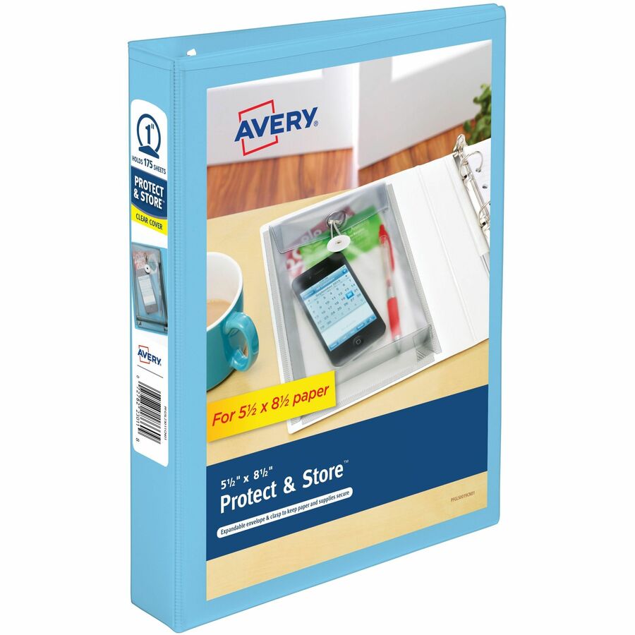 Avery®, Protect & Store Mini Binder, 1" Rings, Light Blue (23014) - 1" Binder Capacity - Half-letter - 5 1/2" x 8 1/2" Sheet Size - 175 Sheet Capacity - 175 Ring - Fastener: Round Ring - Pocket: 2, Internal - Polypropylene - Light Blue - Adhesive, D...