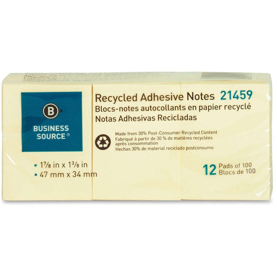 Business Source Yellow Adhesive Notes - 1 7/8" Flag/Note Width x 1 3/8" Flag/Note Length - Rectangle - Unruled - Yellow - Self-adhesive, Removable - Recycled - 12 / Pack