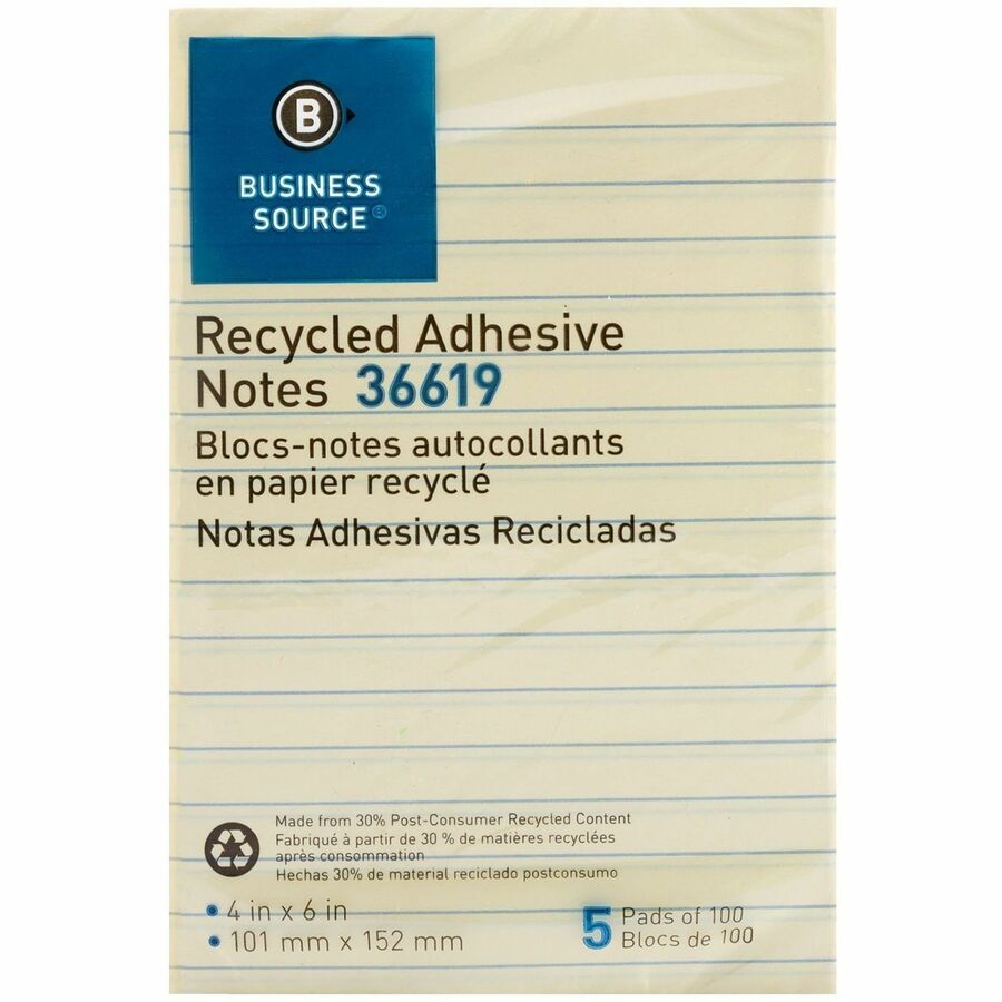 Business Source Yellow Adhesive Notes - 4" Flag/Note Width x 6" Flag/Note Length - Rectangle - Ruled - Yellow - Self-adhesive, Removable - Recycled - 5 / Pack