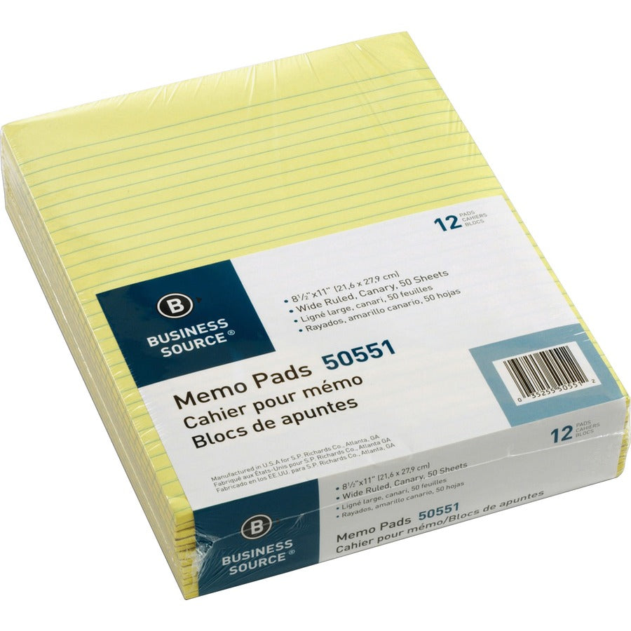 Business Source Glued Top Ruled Memo Pads - Letter - 50 Sheets - Glue - 16 lb Basis Weight - Letter - 8 1/2" x 11" Sheet Size - Canary Paper - 12 / Dozen