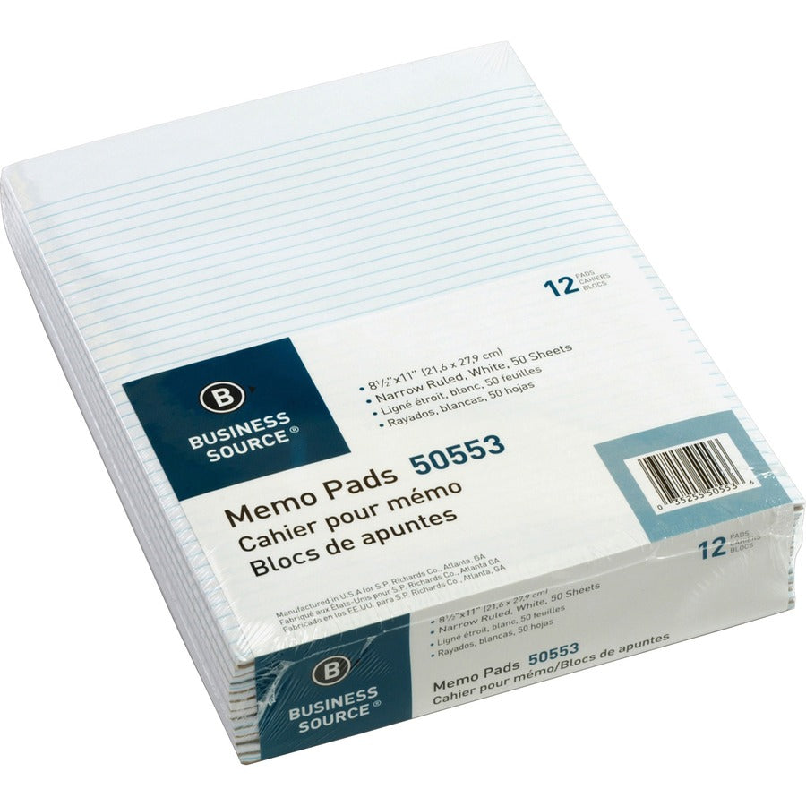 Business Source Glued Top Ruled Memo Pads - Letter - 50 Sheets - Glue - Narrow Ruled Front Ruling - 16 lb Basis Weight - Letter - 8 1/2" x 11" Sheet Size - White Paper - 12 / Dozen