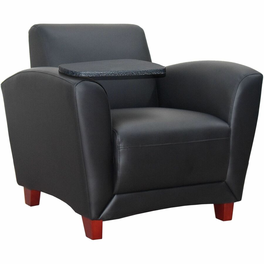Lorell Accession Club Chair with Tablet Tray - Black Seat Color - Leather Seat Material - Four-legged Base - 1 Each