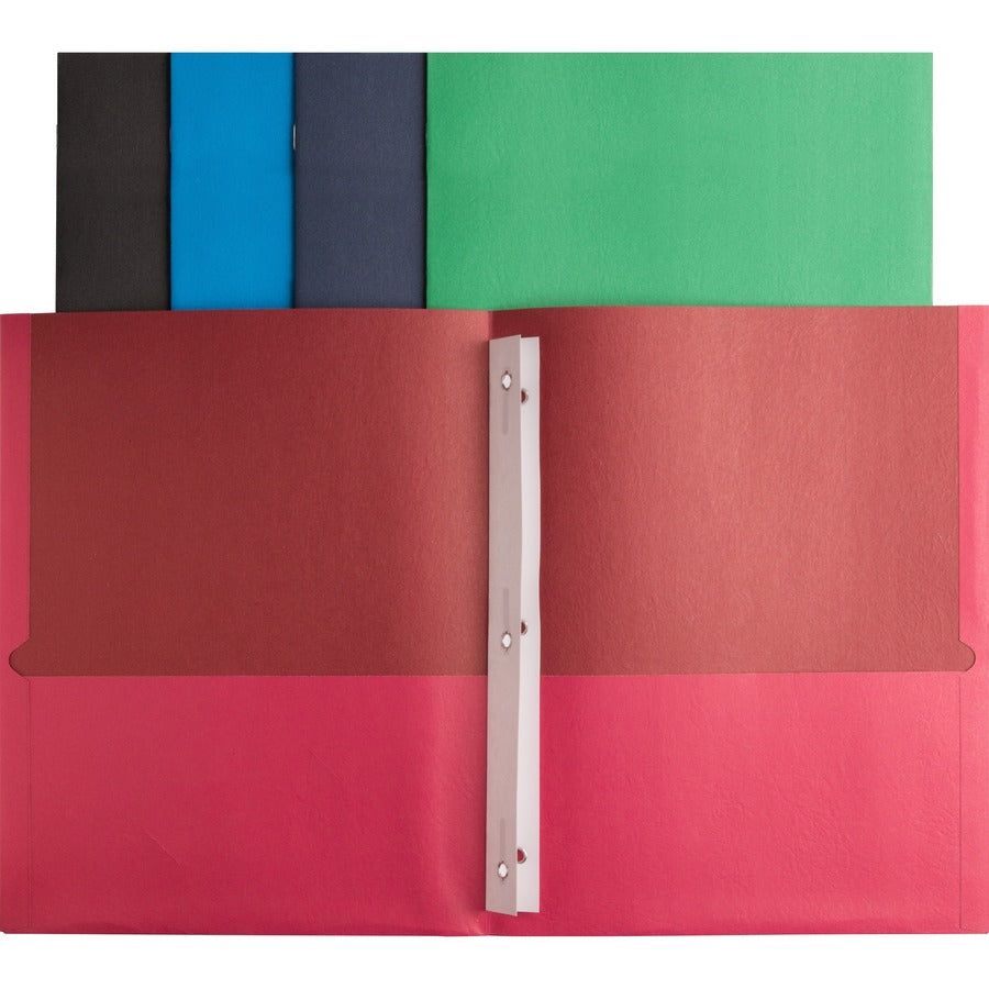 Business Source Letter Recycled Pocket Folder - 8 1/2" x 11" - 100 Sheets Capacity - 3 x Prong Fastener - 2 Inside Front & Back Pocket - Leatherette - Assorted - 35% Recycled - 25 / Box