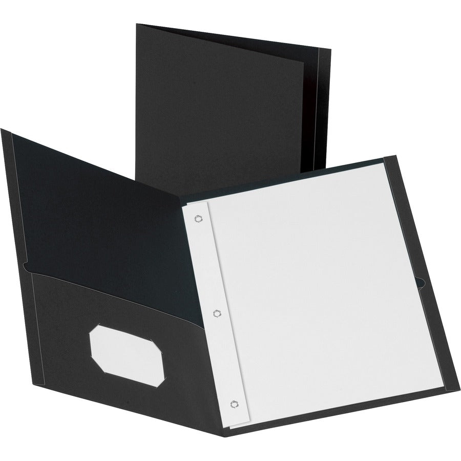 Business Source Letter Recycled Pocket Folder - 8 1/2" x 11" - 100 Sheets Capacity - 3 x Prong Fastener - 2 Inside Front & Back Pocket - Leatherette - Black - 35% Recycled - 25 / Box