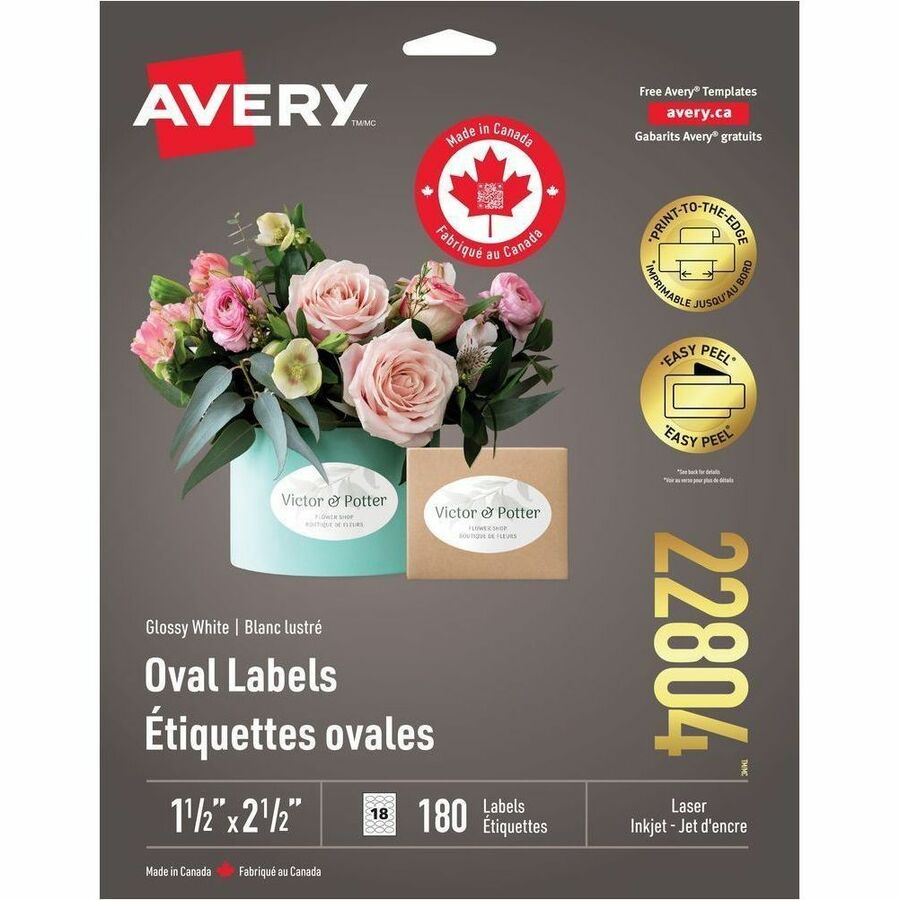 Avery Glossy White Oval Labels - - HeightPermanent Adhesive - Oval - Laser, Inkjet - Glossy White - Paper - 18 / Sheet - 180 / Pack