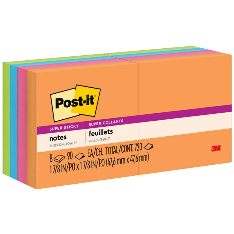 Post-it®, Super Sticky Notes - Energy Boost Color Collection - 720 - 2" Flag/Note Width x 2" Flag/Note Length - Square - 90 Sheets per Pad - Unruled - Vital Orange, Tropical Pink, Limeade, Blue Paradise - Paper - Self-adhesive - 8 / Pack