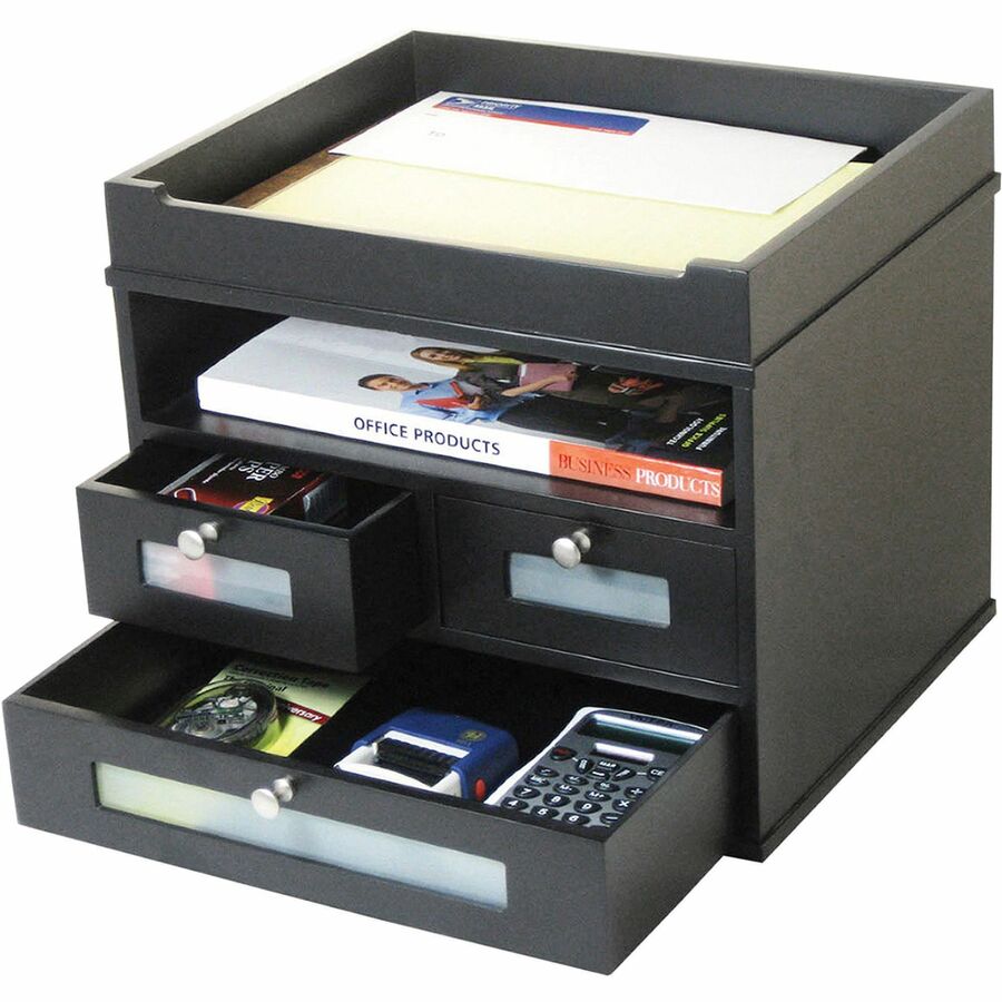 Victor Midnight Black Collection Tidy Tower Organizer - 10.90" Height x 12.80" Width x 10.60" Depth - Desktop - Durable, Molding Base, Sturdy - Matte Black - Black - Wood, Faux Leather - 1 Each