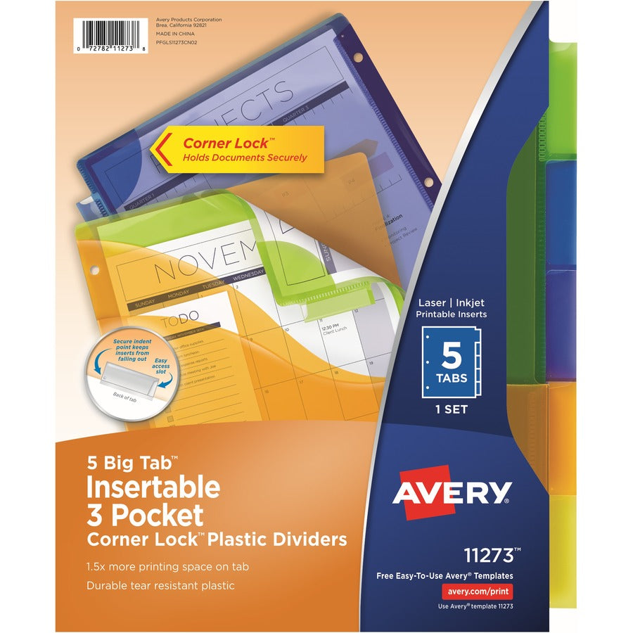 Avery®, Big Tab Tab Divider - 5 x Divider(s) - 1/5 - 5 - 5 Tab(s)/Set - 9.3" Divider Width x 11.25" Divider Length - 3 Hole Punched - Multicolor Plastic Divider - Multicolor Plastic Tab(s) - Insertable, Hole-punched, Customizable, Durable, Tear Resi...