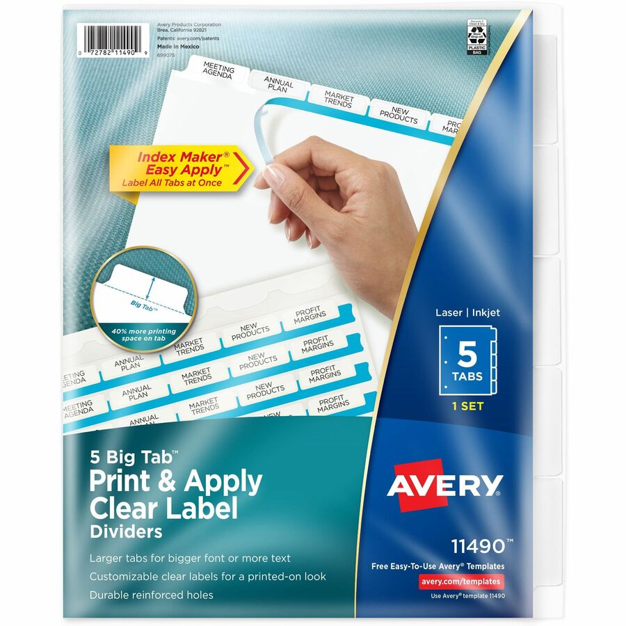 Avery®, Big Tab Index Maker Index Divider - 5 x Divider(s) - Print-on Tab(s) - 5 - 5 Tab(s)/Set - 8.5" Divider Width x 11" Divider Length - 3 Hole Punched - White Paper Divider - White Paper Tab(s) - 0% - Printable, Hole-punched, Durable, Double-sid...