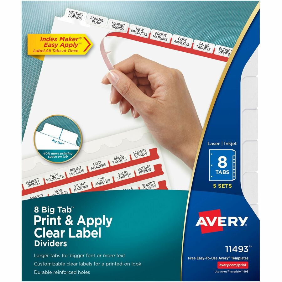 Avery®, Big Tab Clear Label Index Maker Dividers - 40 x Divider(s) - Print-on Tab(s) - 8 - 8 Tab(s)/Set - 8.5" Divider Width x 11" Divider Length - Letter - 8.50" Width x 11" Length - 3 Hole Punched - White Paper Divider - White Paper Tab(s) - 0%...