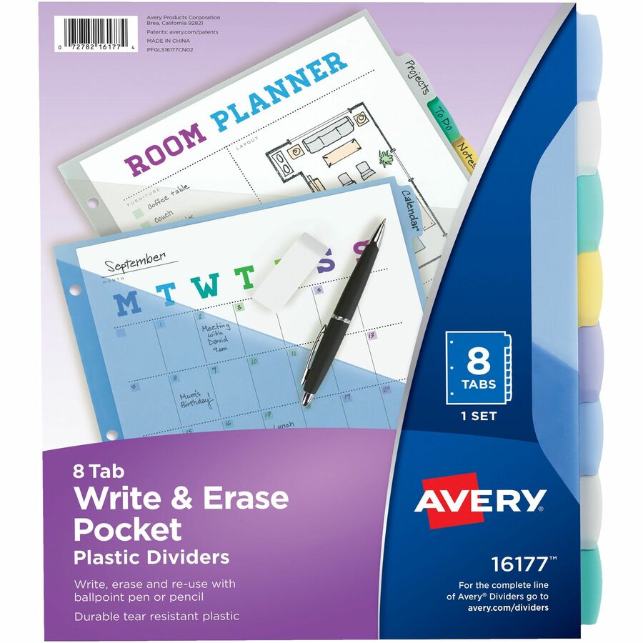 Avery®, Write & Erase Pocket Dividers - 8 x Divider(s) - 8 Write-on Tab(s) - 8 - 8 Tab(s)/Set - 9.3" Divider Width x 11.25" Divider Length - 3 Hole Punched - Multicolor Plastic Divider - Multicolor Plastic Tab(s) - Tear Resistant, Hole-punched, Writ...