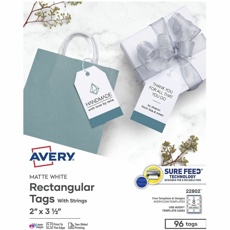 Avery®, Printable Tags with String, 2" x 3.5" , 96 White Tags (22802) - 3.50" Length x 2" Width - Rectangular - String Fastener - Card Stock - Matte White - 1 Pack