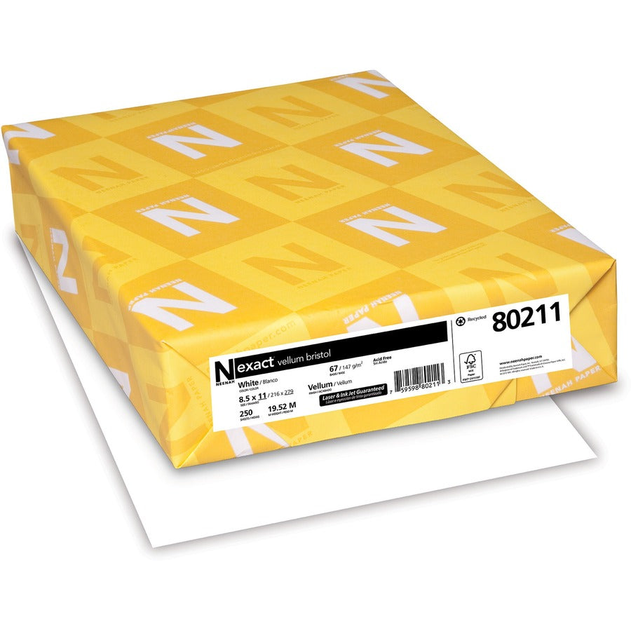 Exact Vellum Bristol Paper - White - 94 Brightness - Letter - 8 1/2" x 11" - 67 lb Basis Weight - 147 g/m², Grammage - Vellum - Green Seal - Chlorine-free, Durable, Acid-free, Quick Drying, Heavyweight, Fast-drying, Printable - White - 250 Sheets...