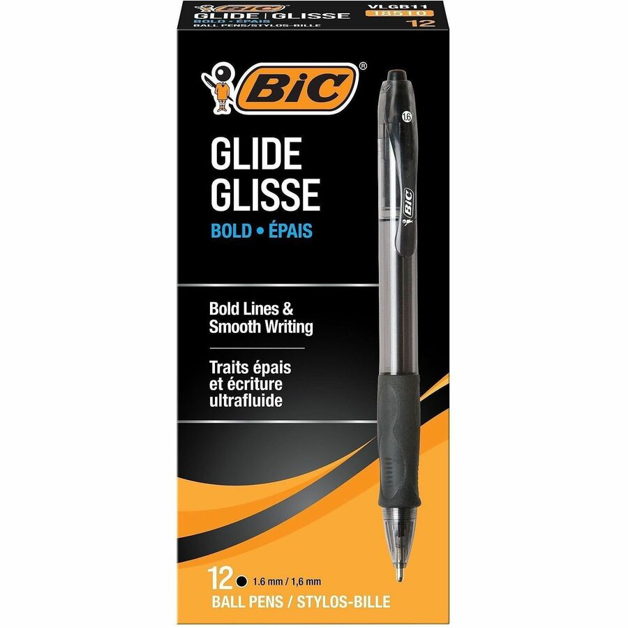 Velocity Glide Bold Ball Pen - Refillable - Retractable - Black Ink - Black Barrel - 1 Dozen