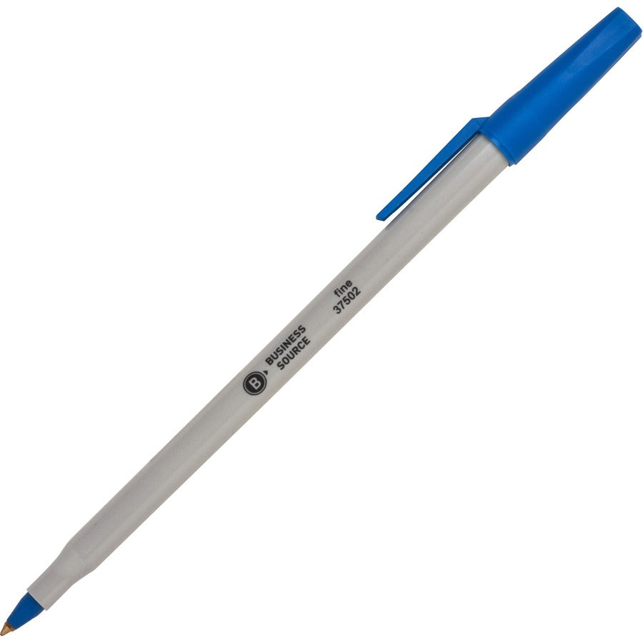 Business Source Fine Point Ballpoint Stick Pens - Blue Ink - Light Gray Barrel - Stainless Steel Tip - 1 Dozen