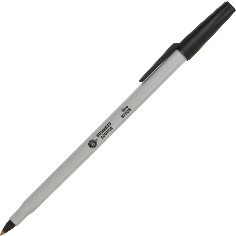 Business Source Fine Point Ballpoint Stick Pens - Black Ink - Light Gray Barrel - Stainless Steel Tip - 1 Dozen