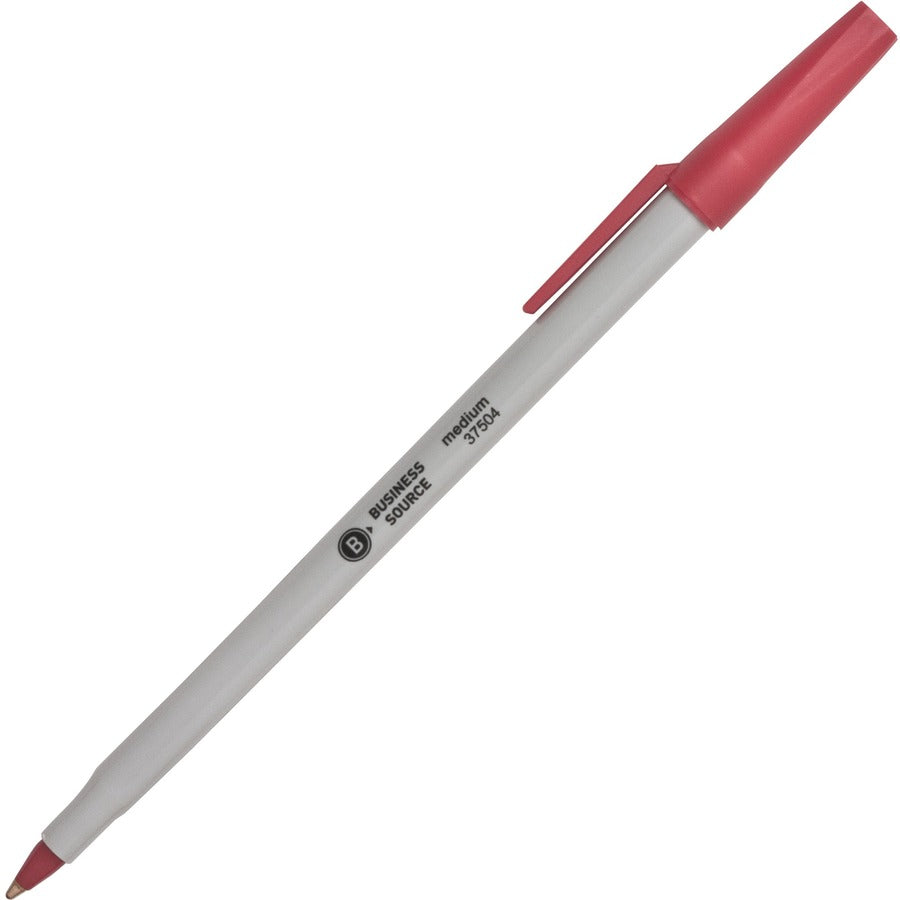 Business Source Medium Point Ballpoint Stick Pens - Red Ink - Light Gray Barrel - Stainless Steel Tip - 1 Dozen