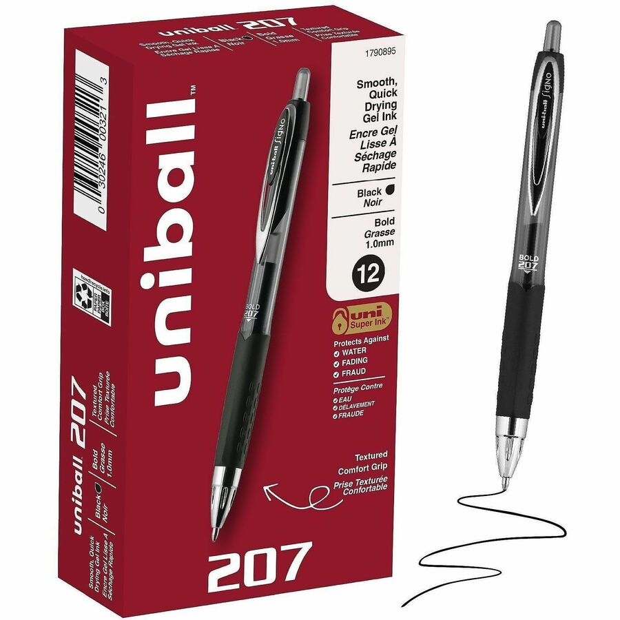 uniball™, 207 Gel Pen - Refillable - Retractable - Black Ink - Gel-based - Clear Barrel - 12 / Dozen