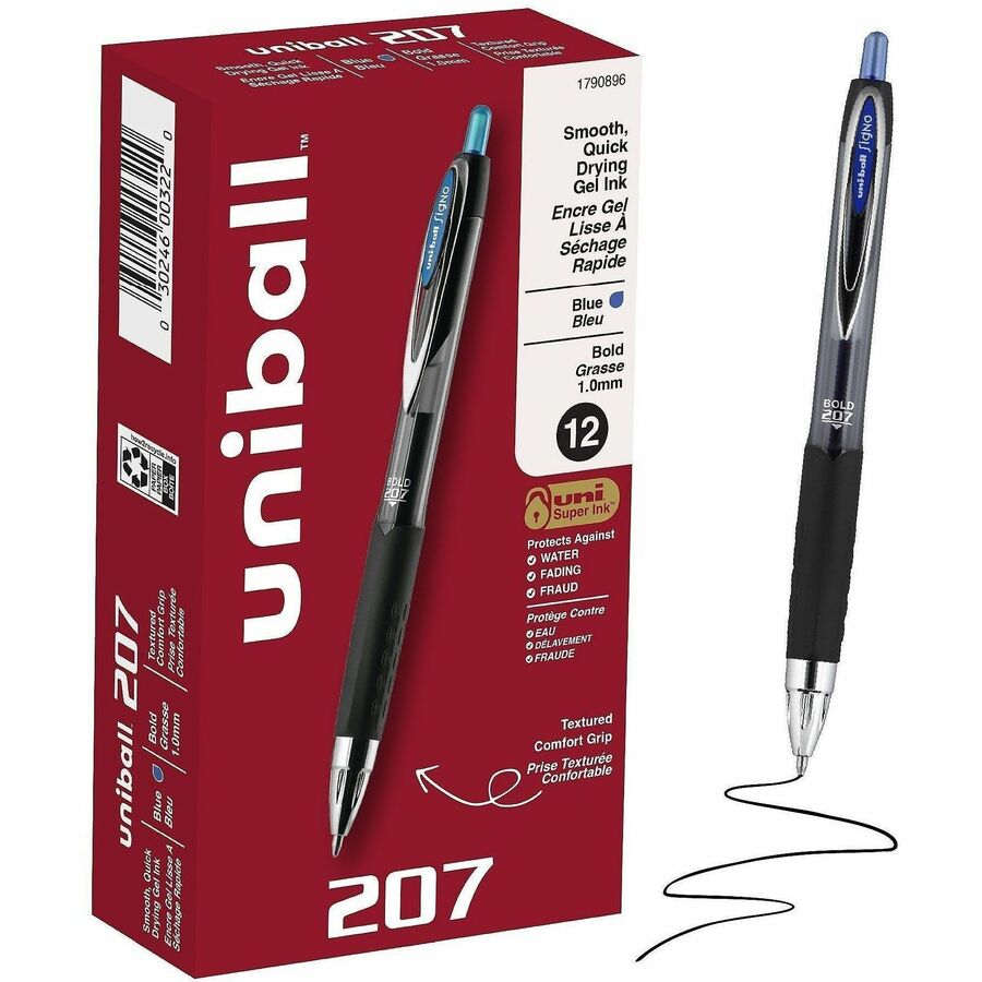 uniball™, 207 Gel Pen - Refillable - Retractable - Blue Ink - Gel-based - Clear Barrel - 12 / Dozen