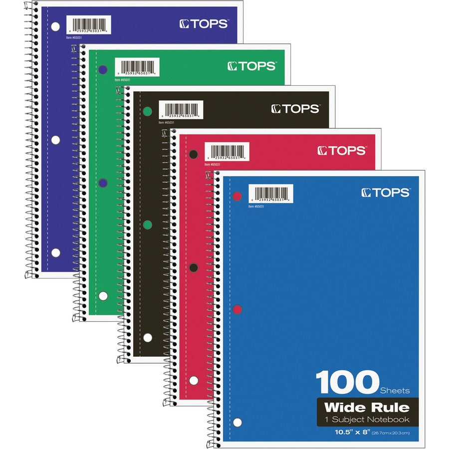 TOPS Wide Rule 1-subject Spiral Notebook - 100 Sheets - Wire Bound - 10 1/2" x 8" Sheet Size - 0.25" Height x 8" Width x 10.5" Length - Assorted Paper - Black Card Stock, Red, Blue, Green, Purple Cover - Perforated, Subject, Easy Tear, Durable Cover...