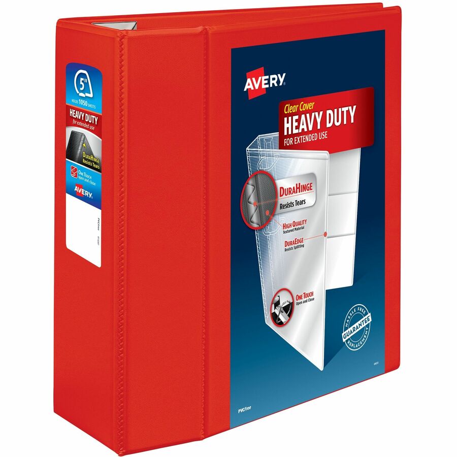 Avery®, Heavy-Duty View Binders with One Touch EZD Rings - 5" Binder Capacity - Letter - 8 1/2" x 11" Sheet Size - 1050 Sheet Capacity - 1050 x 5" Ring - Fastener: Ring - Pocket: 4, Internal - Polypropylene - Red - Adhesive, Clear Overlay, Heavy Dut...