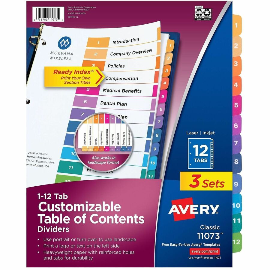 Avery Dividers, 12 Tabs, Ready Index (3 Sets of 11073) - 36 x Divider(s) - 36 Tab(s) - Digit - 1-12 - 12 Tab(s)/Set - 8.5" Divider Width x 11" Divider Length - 3 Hole Punched - White Paper Divider - Multicolor Paper Tab(s) - Hole-punched, Printable, Re...