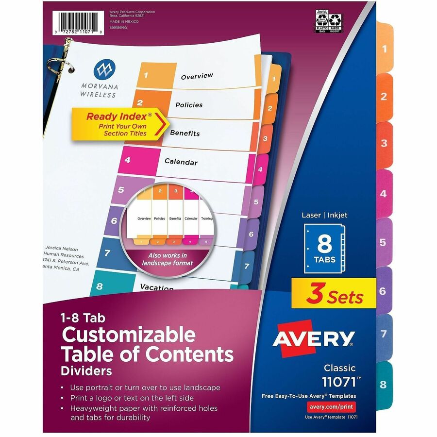 Avery Dividers, 8 Tabs, Ready Index (3 Sets of 11071) - 24 x Divider(s) - 24 Tab(s) - Digit - 1-8 - 8 Tab(s)/Set - 8.5" Divider Width x 11" Divider Length - 3 Hole Punched - White Paper Divider - Multicolor Paper Tab(s) - Hole-punched, Printable, Reinf...