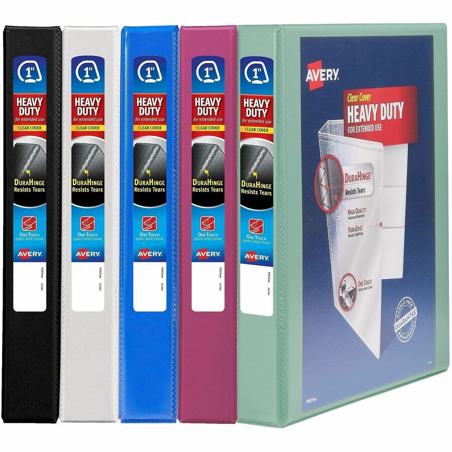 Avery Heavy-Duty View Binder - 1" Binder Capacity - Letter - 8 1/2" x 11" Sheet Size - 250 Sheet Capacity - 1 2/5" Spine Width - 3 x 1" Ring - Fastener: Slant Ring - Pocket: 4, Internal - Polypropylene - Black, Pacific Blue, Red, White, Yellow - Adhesi...