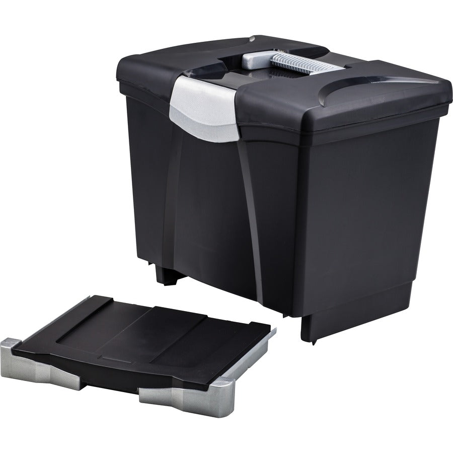 Storex Portable file Box with Drawer - External Dimensions: 11.5" Width x 14.3" Depth x 13" Height - Latch Lock Closure - Plastic - Black - For Document, Pen/Pencil, File, Letter - Recycled - 1 Carton