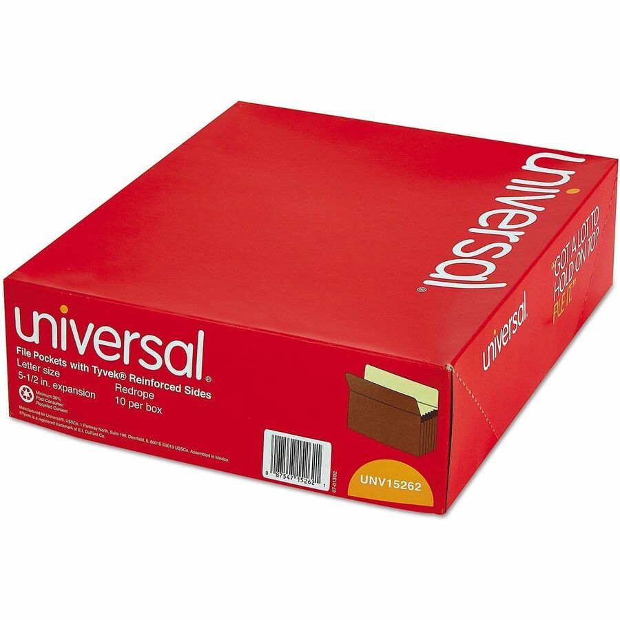 Universal Straight Tab Cut Letter Expanding File - 8 1/2" x 11" - Capacity5 1/4" Expansion - 1 Pocket - Top Tab Position - Redrope - 30% Recycled - 10 / Box