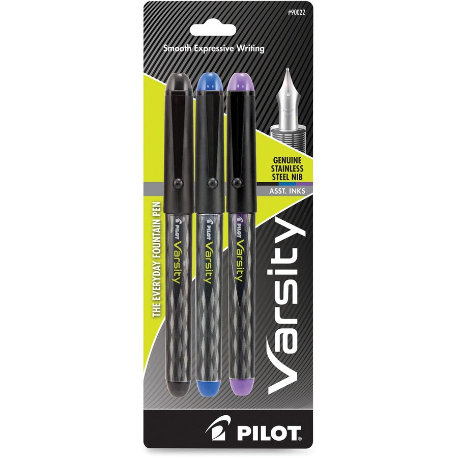 Pilot Varsity Disposable Fountain Pens - Black, Blue, Purple Ink - Black Barrel - 3 / Pack
