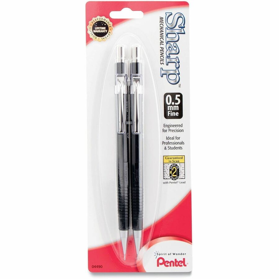 Pentel Sharp Automatic Pencils - 0.5 mm Black Lead - HB/#2 - Black Barrel - 2 / Pack