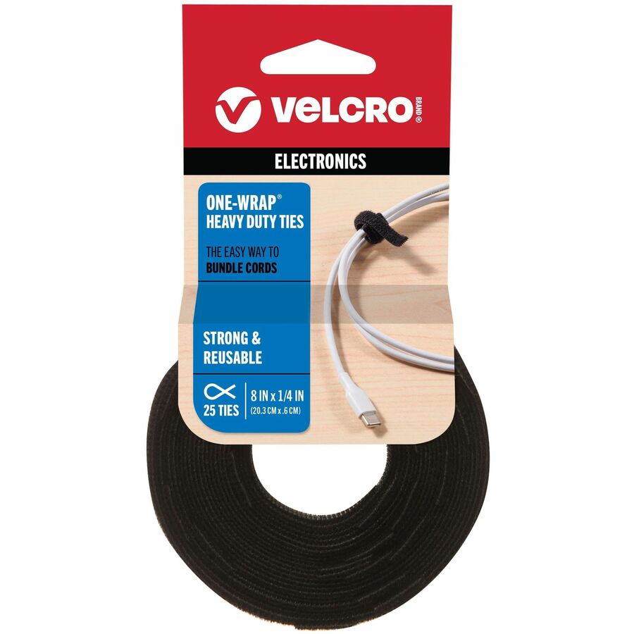 VELCRO®, ONE-WRAP Ties 8in x 1/4in Ties Black 25 ct - Tie - Black - 40 lb Loop Tensile - 8" Length - 25 / Pack