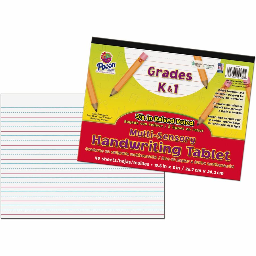 Pacon®, Grades K-1 Multi-sensory Handwriting Tablet - 40 Sheets - Wide Ruled Front Ruling - 8" x 10 1/2" Sheet Size - White Paper - Chipboard Cover - 1 Pad